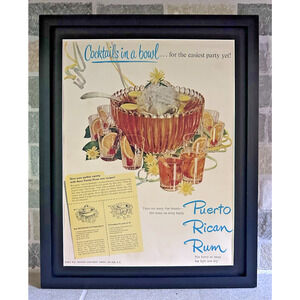 Framed 1949 Original Magazine Ad Puerto Rican Rum Cocktails In A Bowl
